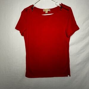 Michael Kors Red Top Small Gold Zipper Shoulder Detail Side Slit Tee